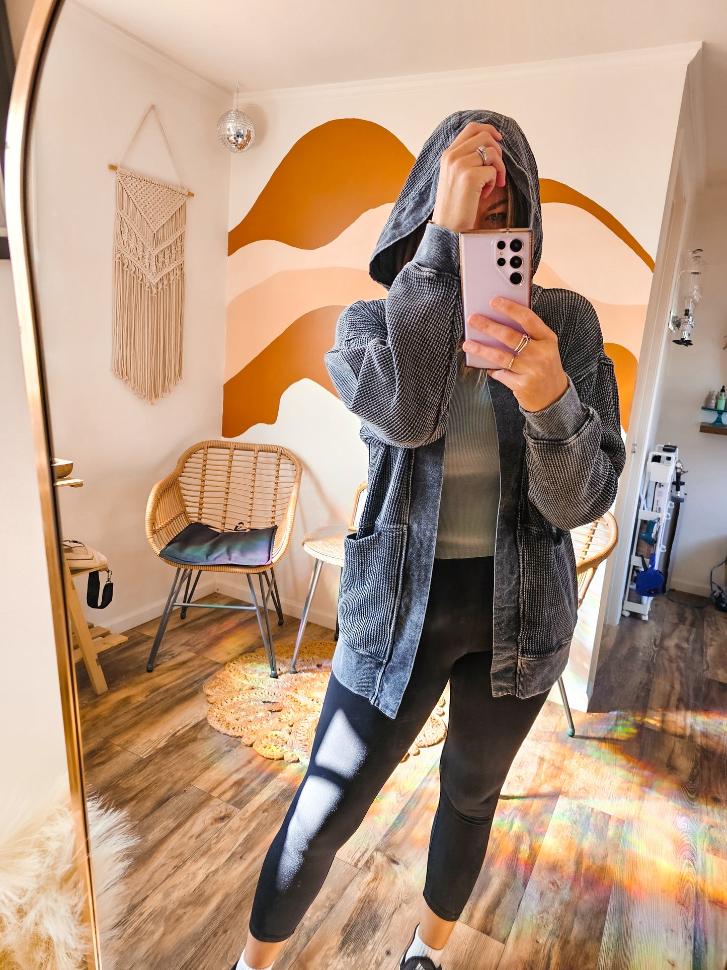 Grab And Go 100% Cotton Waffle Knit Mineral-Washed Hooded Cardigan In Black