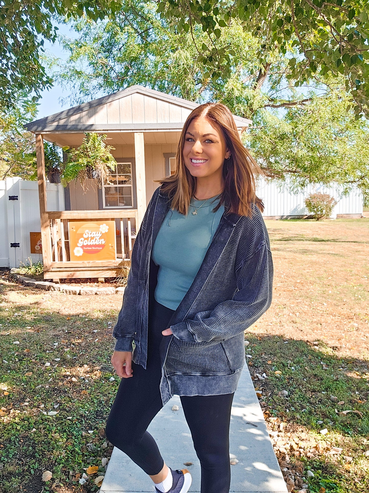 Grab And Go 100% Cotton Waffle Knit Mineral-Washed Hooded Cardigan In Black