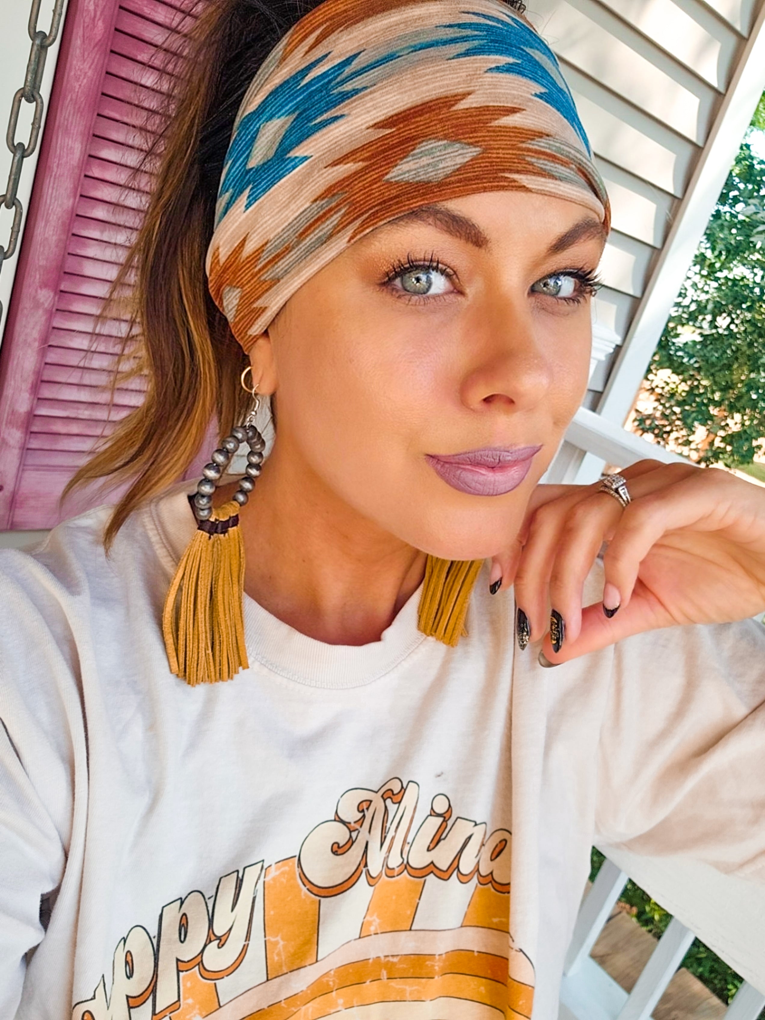 Boho Twisted Wide Topknot Headband In Teal Tribal