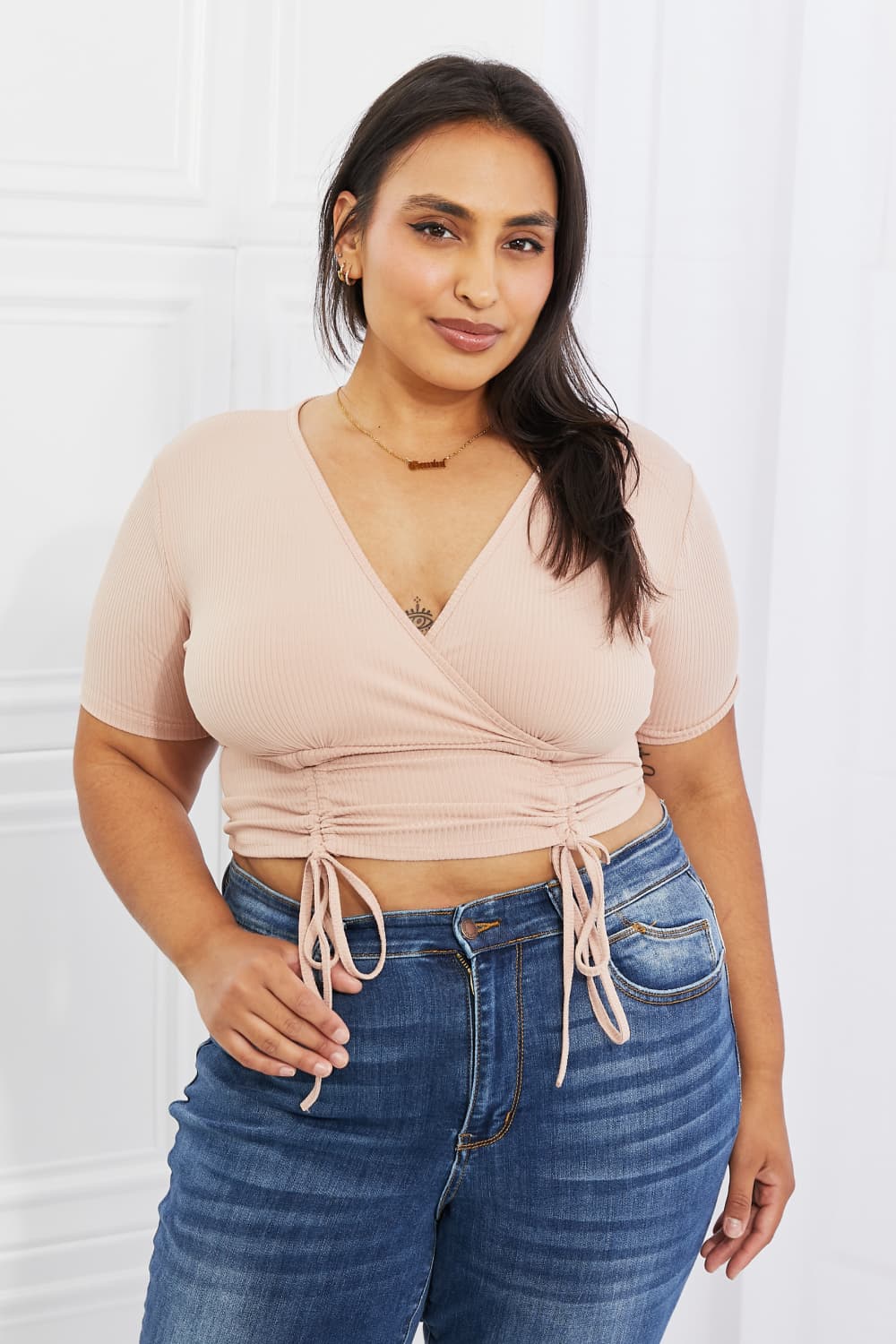 Ribbed Front Scrunched Top in Blush