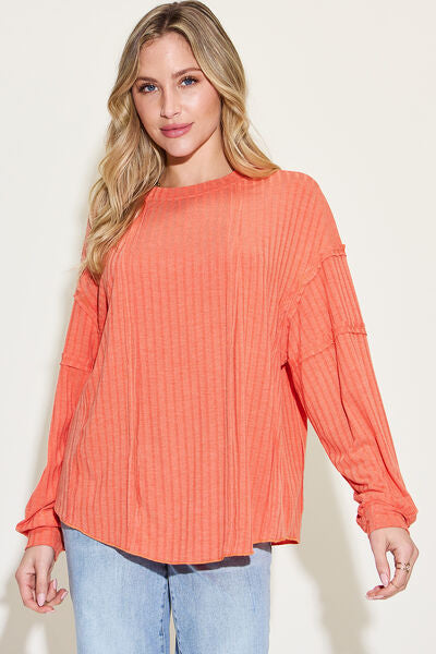 Basic Ribbed Oversized Long Sleeve T-Shirt In Multiple Colors