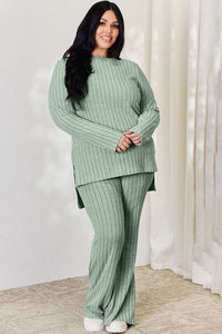 Classic Ribbed High-Low Top and Wide Leg Pants Lounge Set In Multiple Colors