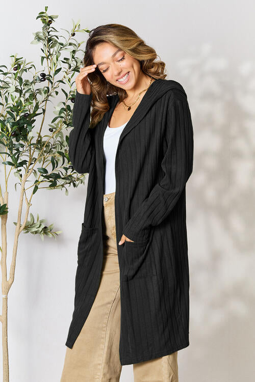 Ribbed Open Front Long Sleeve Hooded Cardigan In Multiple Colors