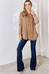 Oversized Washed Waffle Long Sleeve Top In Deep Camel