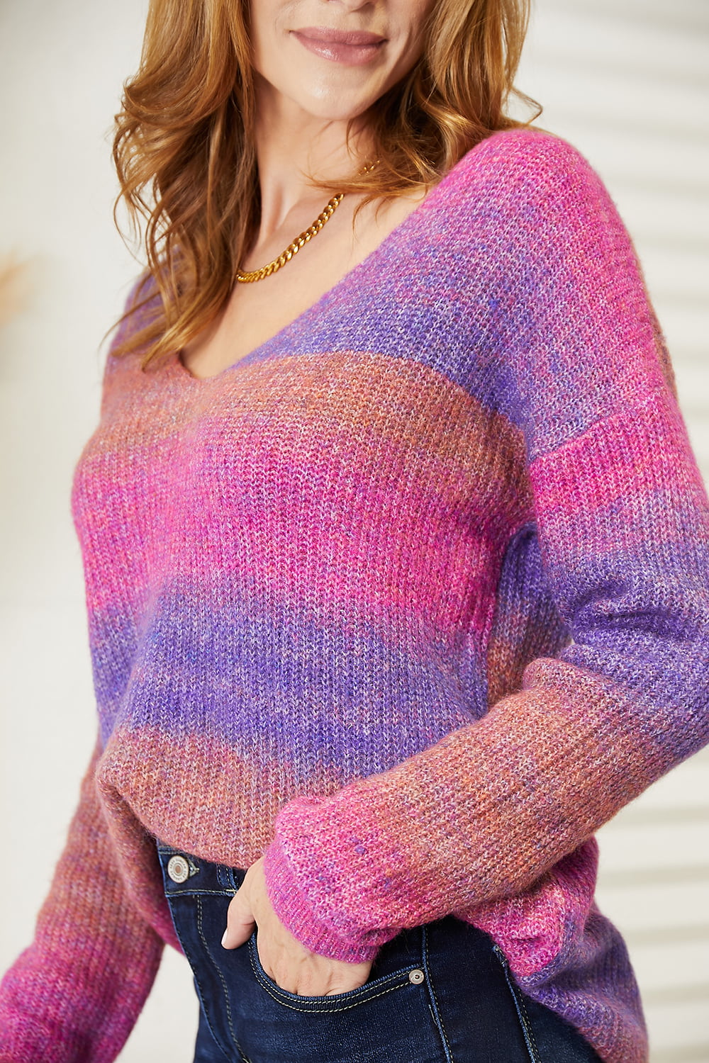 Multicolored Rib-Knit V-Neck Knit Pullover