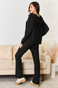Classic Ribbed Drawstring Hood Top and Pants Lounge Set In Multiple Colors