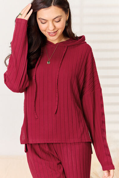 Classic Ribbed Drawstring Hood Top and Pants Lounge Set In Multiple Colors