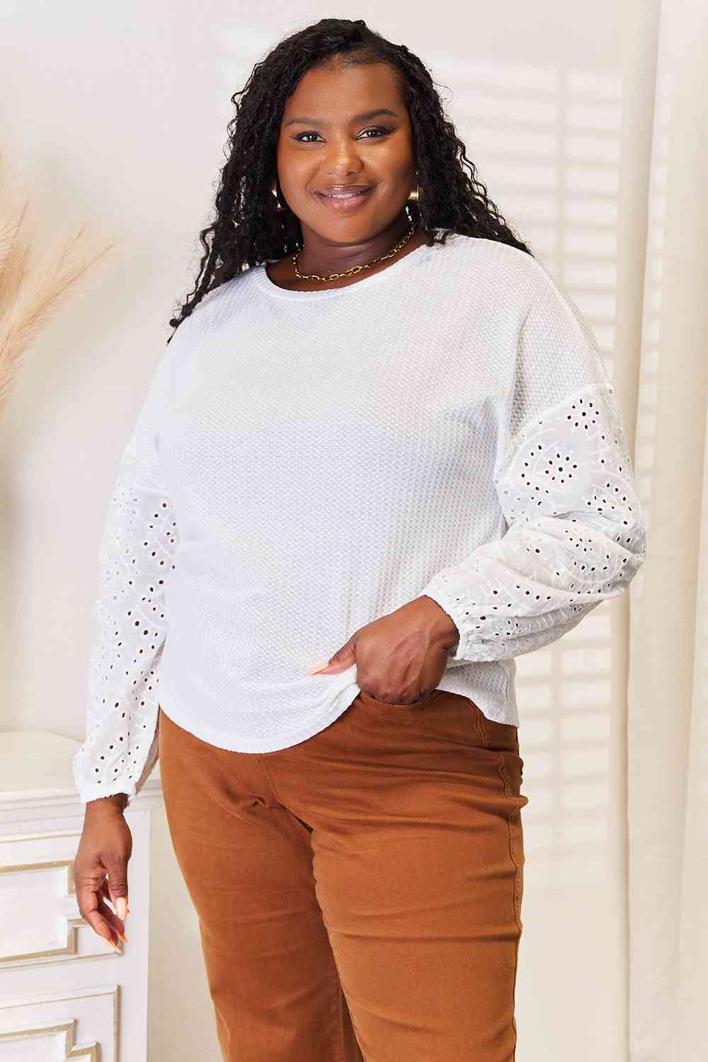 Classy Eyelet Dropped Shoulder Round Neck Blouse In White