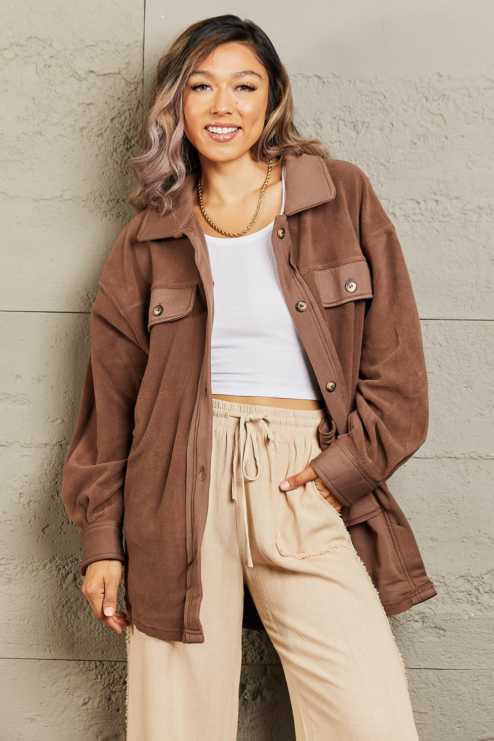 Cozy Girl Button Down Shacket In Coffee