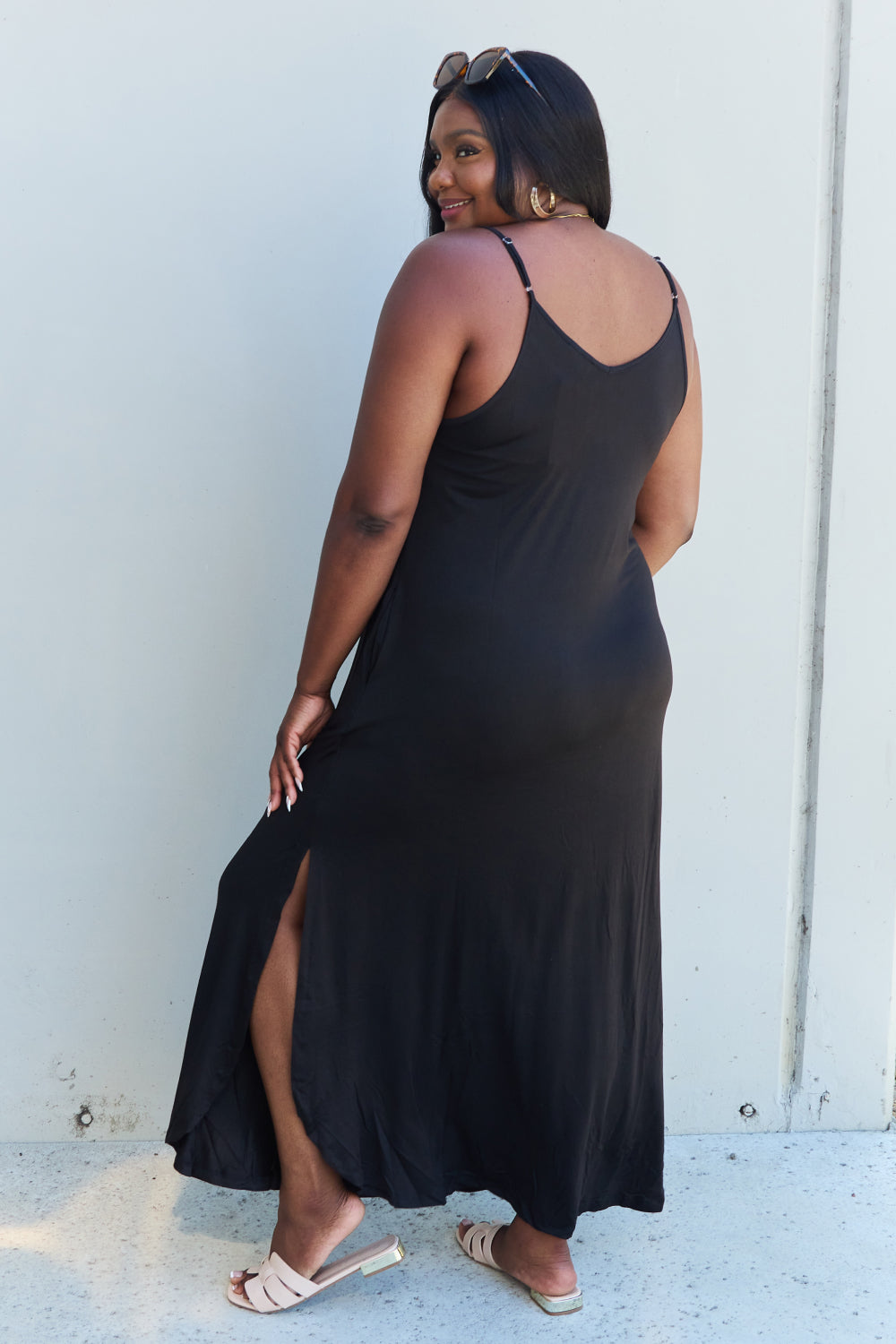 Just Beachy Cami Side Slit Maxi Dress in Black