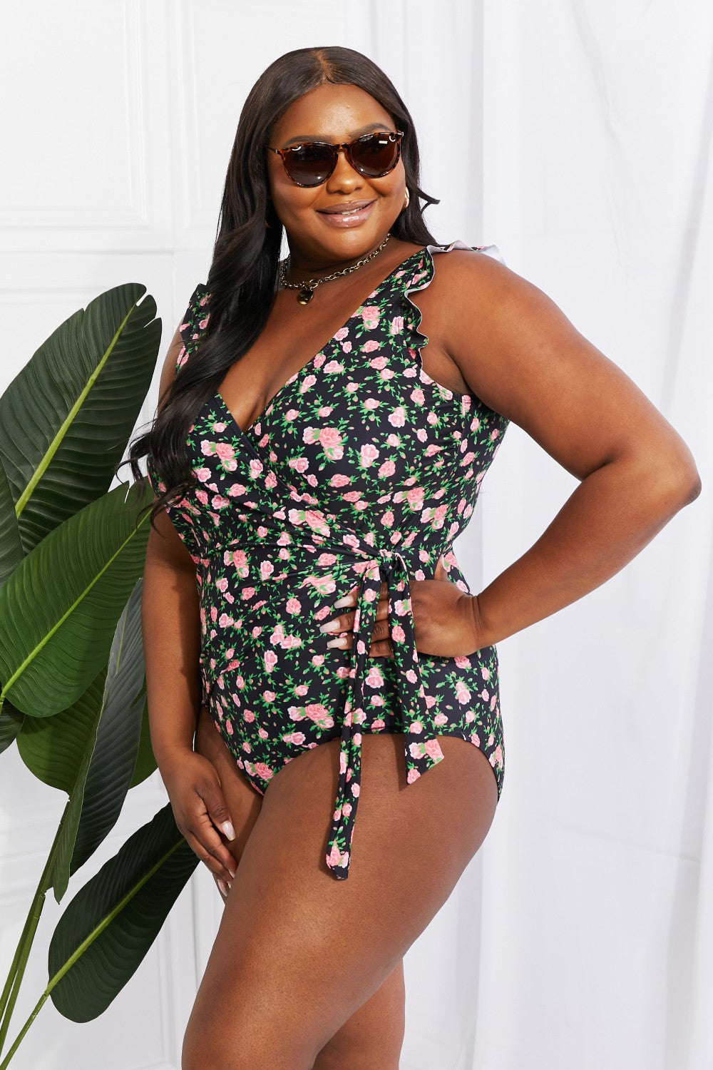 Brunch By The Pool Ruffle Faux Wrap One-Piece in Floral