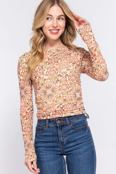 Groovy Ruched Printed Long Sleeve Top