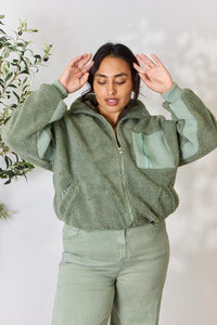 Stay Cozy Zip Up Collared Neck Sherpa Jacket In Sage