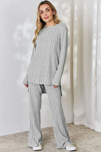 Classic Ribbed High-Low Top and Wide Leg Pants Lounge Set In Multiple Colors