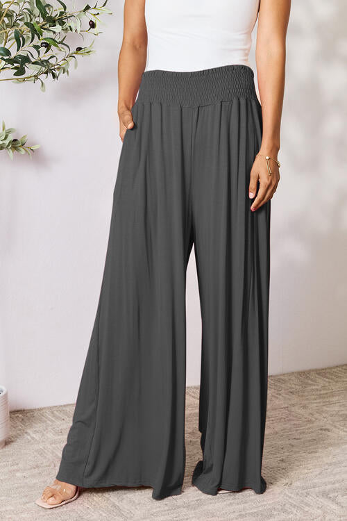 Boho Smocked Wide Waistband Wide Leg Pants In Multiple Colors
