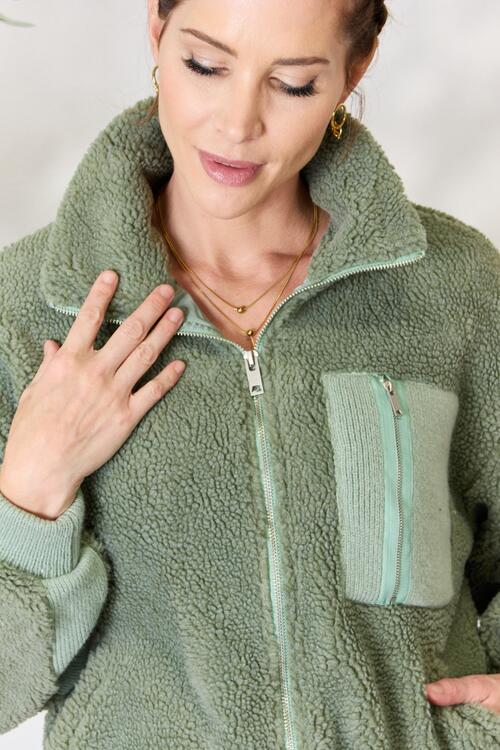 Stay Cozy Zip Up Collared Neck Sherpa Jacket In Sage