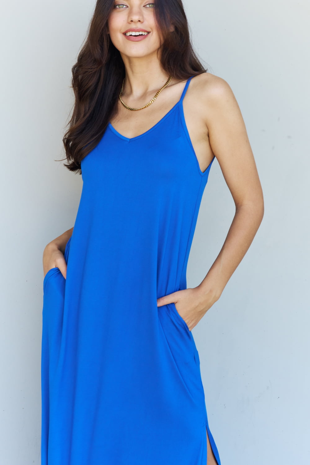 Just Beachy Cami Side Slit Maxi Dress in Royal Blue