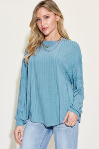 Basic Ribbed Round Neck Long Sleeve T-Shirt In Multiple Colors