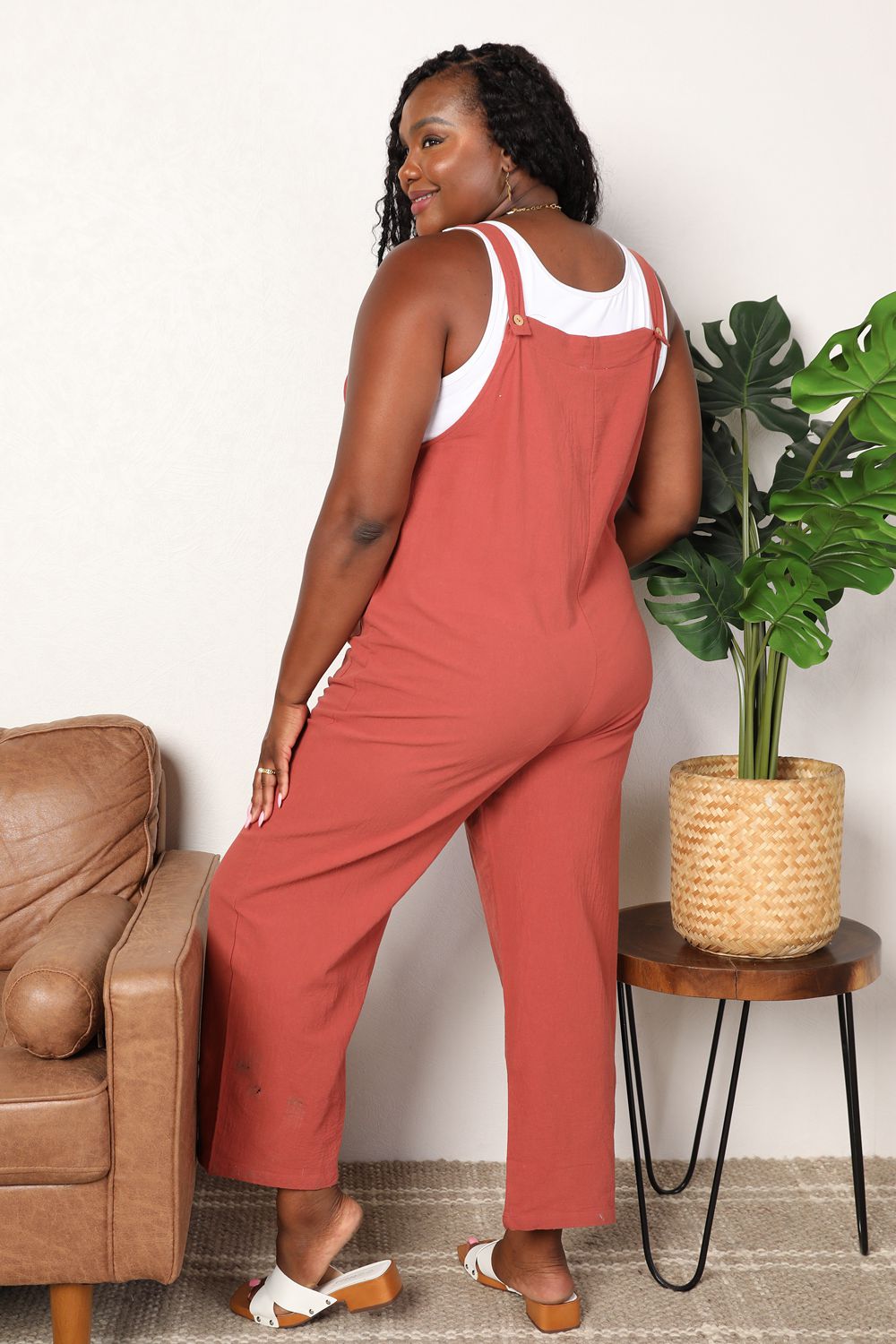 Wide Leg Overalls with Front Pockets In Rust