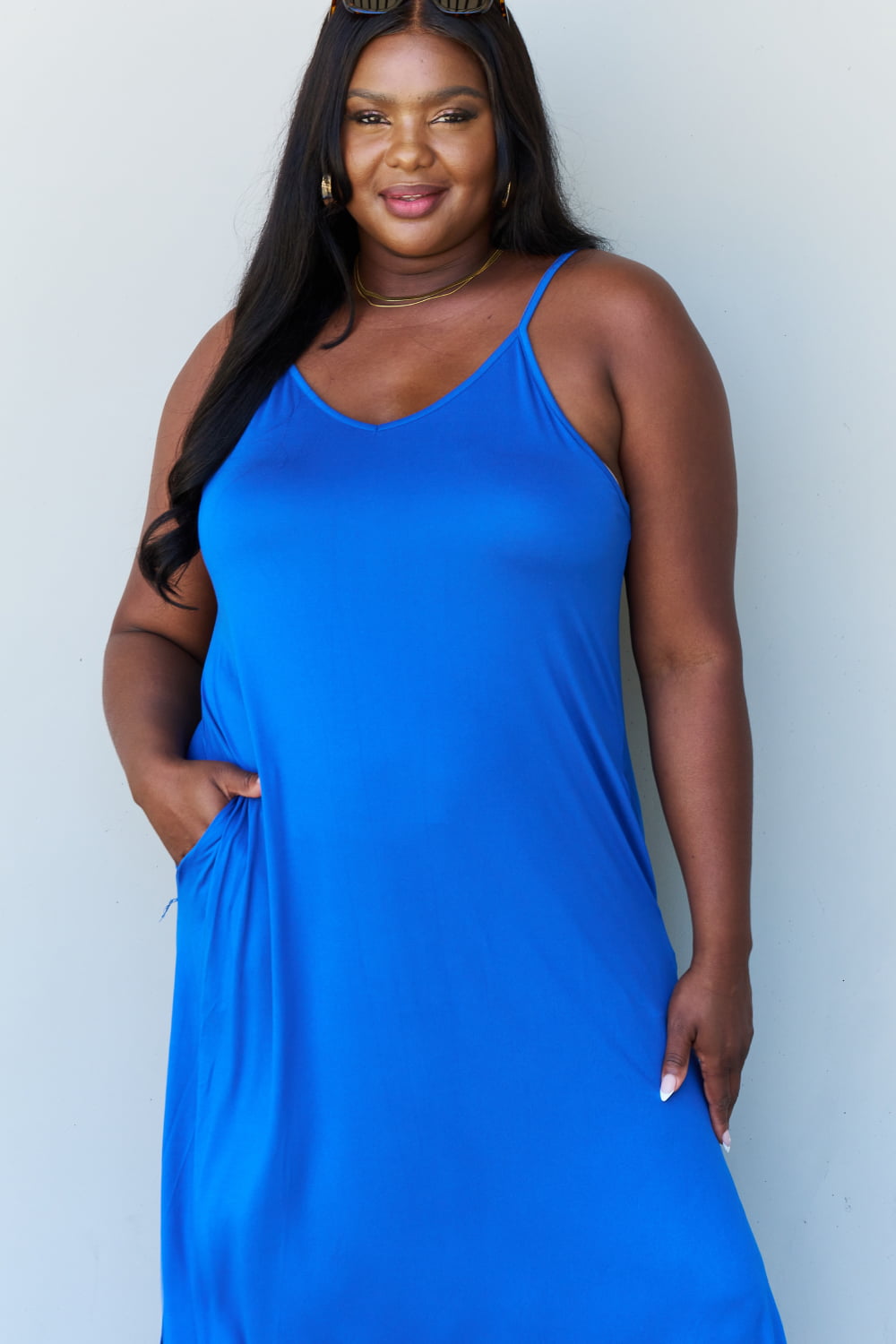 Just Beachy Cami Side Slit Maxi Dress in Royal Blue