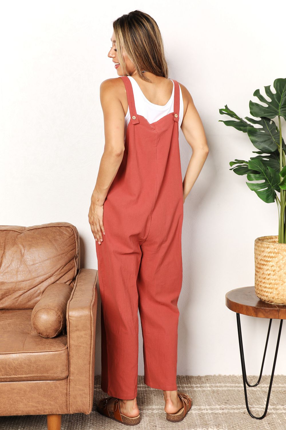 Wide Leg Overalls with Front Pockets In Rust