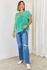 Washed Raw Hem Short Sleeve Blouse with Pockets In Kelly Green