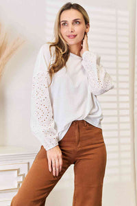 Classy Eyelet Dropped Shoulder Round Neck Blouse In White