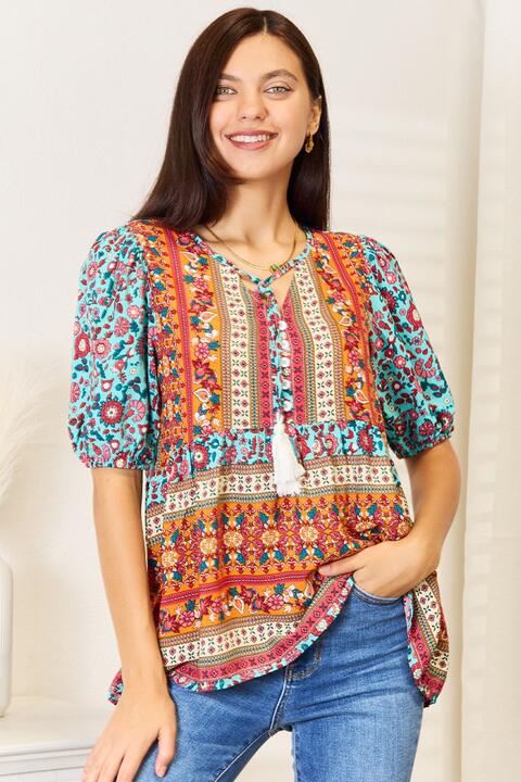 Whimsy Bohemian Tassel Tie Puff Sleeve Babydoll Blouse
