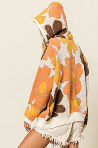 BiBi Retro Oversized Flower Pattern Drawstring Hooded Sweater