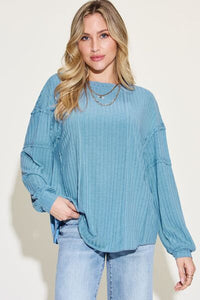 Basic Ribbed Round Neck Long Sleeve T-Shirt In Multiple Colors