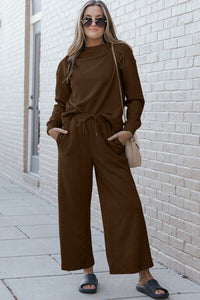 Textured Long Sleeve Top and Drawstring Pants Set In Multiple Colors