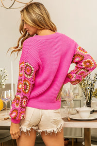 BiBi V-Neck Granny Crochet Long Sleeve Sweater In Fuchsia