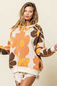 BiBi Retro Oversized Flower Pattern Drawstring Hooded Sweater