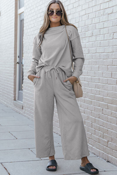 Textured Long Sleeve Top and Drawstring Pants Set In Multiple Colors