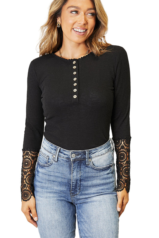 Crochet Lace Hem Sleeve Button Top In Black