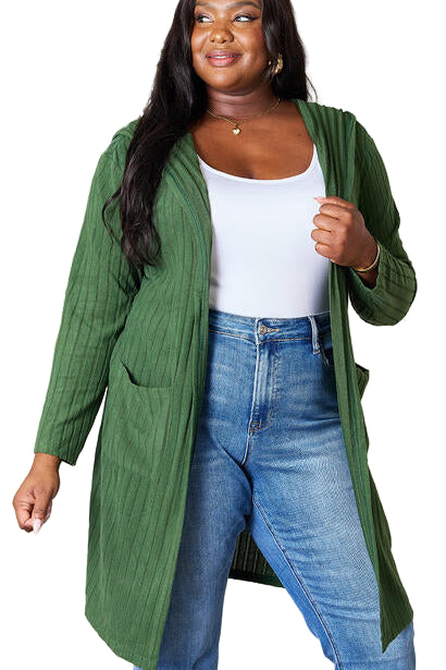 Warehouse|Ribbed Open Front Long Sleeve Hooded Cardigan In Multiple Colors